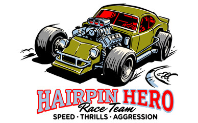 Fototapeta premium Hairpin Hero. Road speed graphic print. Extreme racing. Car print design for t shirt print, poster, sticker, background and other uses.
