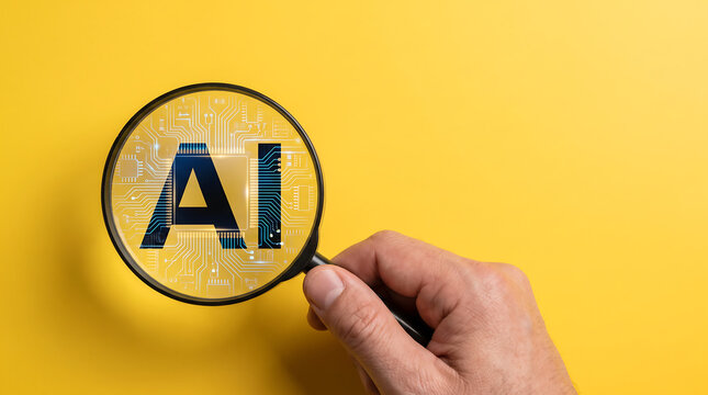 AI Artificial Intelligence technology concept. Man hand holding a magnifying glass focusing on an AI chip on yellow background. AI prompt generator, Machine learning. New