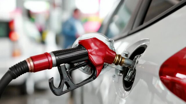 Tracking shot of gas pump nozzle fueling car at gas station forecourt closeup with subtle dolly and handheld movement