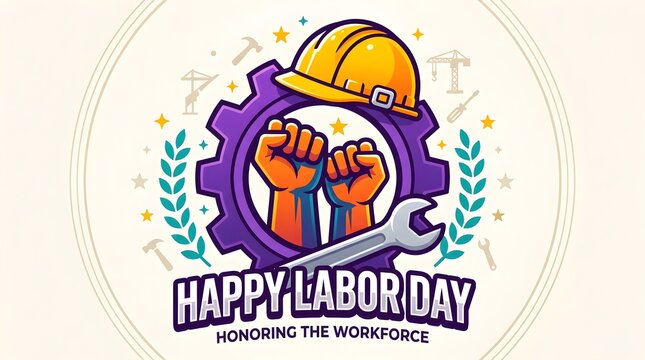 Happy Labor Day illustration with raised fists and hard hat, honoring the workforce concept, industrial gear and construction tools graphic design