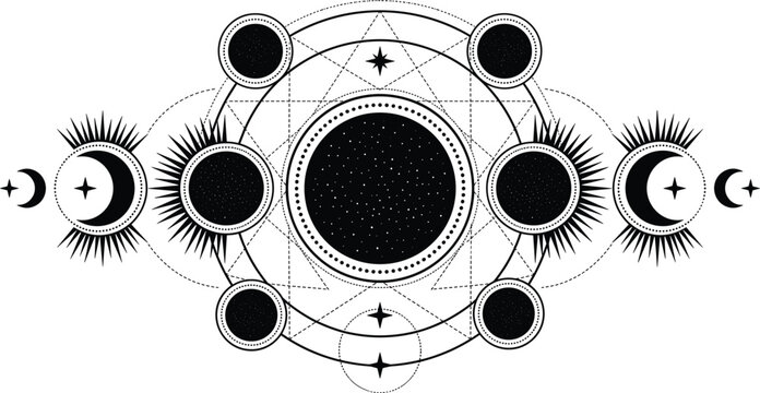 Sacred Geometry Celestial Vector Design with Moon Phases Solar Eclipse Stars and Mystical Esoteric Astrology Geometric Mandala Line Art Ornaments