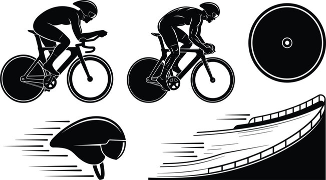 Track Cycling Vector Set with Velodrome Racer Time Trial Bike Carbon Disc Wheel Aero Helmet and Banked Track