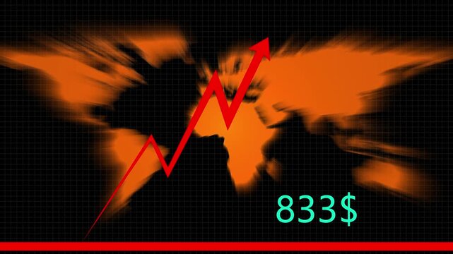 Graph chart displays track upward trending market values over a world map. International corporate finance presentation packages leverage this index. Success lines grow.