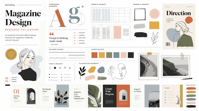 A comprehensive collection of graphic design resources for magazine layouts, including typography, color palettes, illustrations, and layout examples.