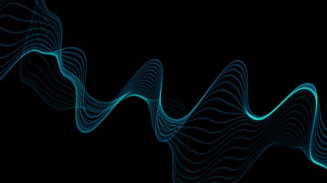 Abstract digital waves cascade turquoise vector paths down a dark backdrop canvas. Corporate software presentations benefit from this crisp layout style. Lines shift softly.