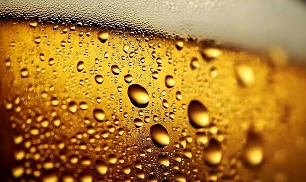 Extreme close up of cold beer glass surface covered with sparkling water droplets and condensation.