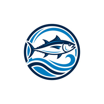 Leaping tuna fish and stylized waves circular logo design
