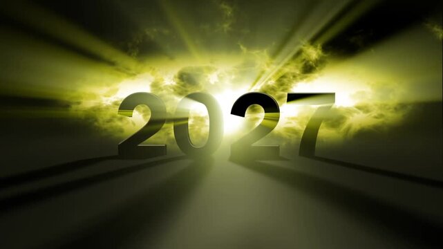 3D 2027 Text Silhouette with Bright Volumetric Light Rays and Clouds