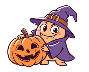 Fototapeta premium Halloween monster cartoon, witch hat wizard, cute vampire character, pumpkin jack o lantern, spooky autumn, seasonal illustration, art