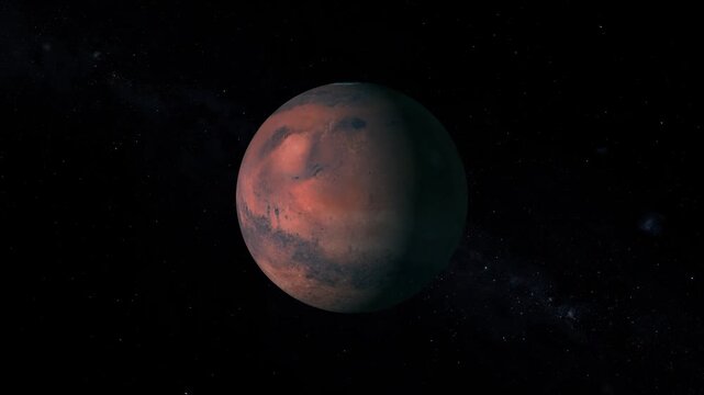 Astronomy planet spheres spin the red surface features of Mars past space stars. Astronomy research documentary clips gain an amazing background asset. Worlds rotate slowly.