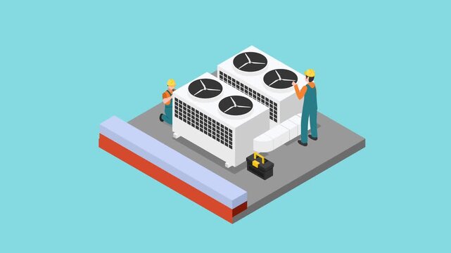 HVAC Technicians Installing Industrial Air Conditioning Units on Rooftop 3d animation cartoon