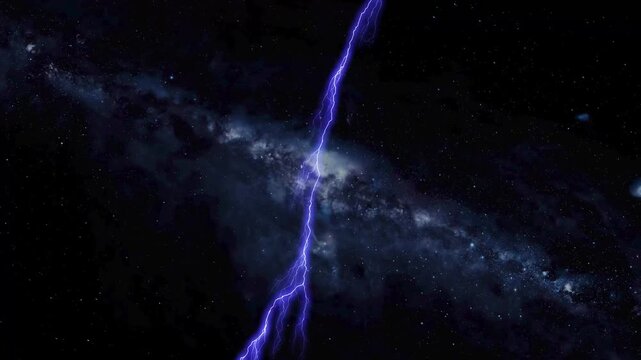 Electricity storm vectors strike intense blue lightning bolts past galaxy stars. High-power science fiction introduction sequences gain immediate kinetic action. Arcs flash.