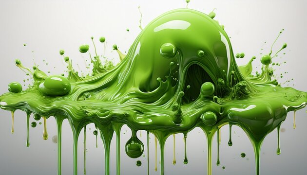 various vibrant green slime oozing dripping and splattering against a clean white backdrop for visual effects