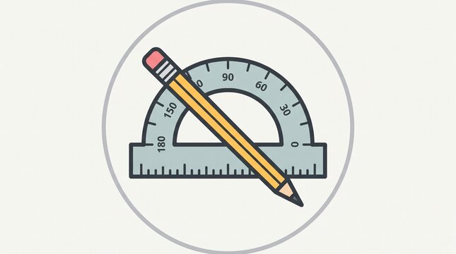 Educational geometry tools icon, a yellow pencil placed over a semi-circular protractor, school and mathematics learning concept