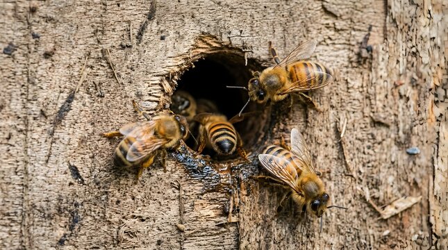 Honeybees entering and exiting a hive entrance in a tree trunk.
