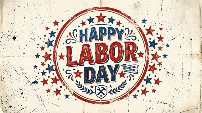 Happy Labor Day vintage badge. Patriotic American holiday greeting with stars and texture.