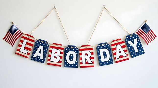 Labor Day banner with American flags. Patriotic holiday bunting for US celebration.