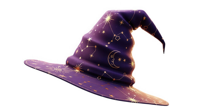 Purple magic witch hat on a broomstick isolated on transparent background