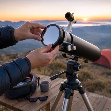 Hands attaching a solar filter to a telescope at sunrise