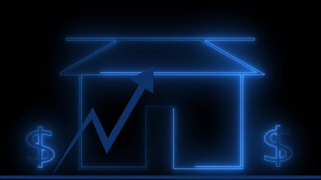 House home real estate graphs track asset valuation shifts near dollar signs. Property investment advisory channels gain clear marketplace value vectors. Building icons glow.