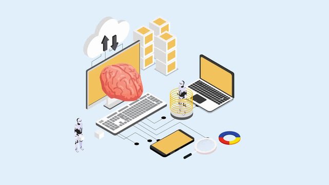 Artificial Intelligence, Cloud Computing, and Neural Network Ecosystem 3d animation cartoon