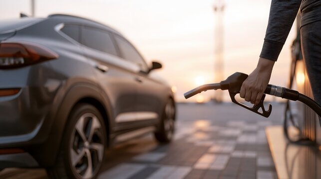 driver refueling vehicle at gasoline station during sunset, fuel price concept, ultra realistic photography