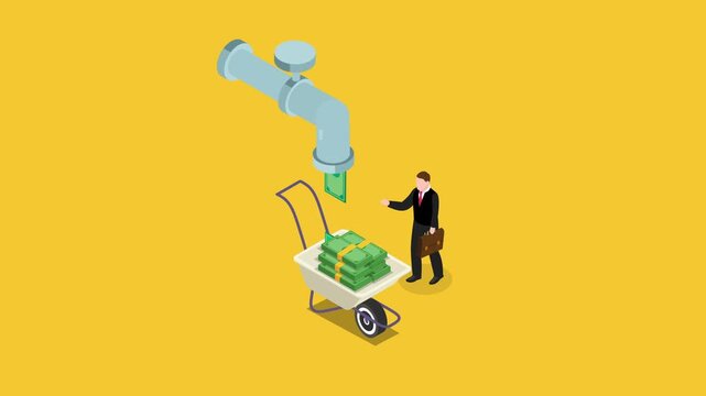 Cash Flow Pipe Dripping Money into Wheelbarrow with Businessman 3d animation cartoon