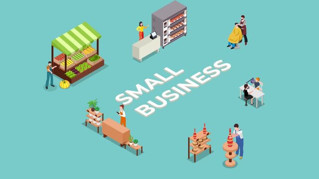 Small Business Ecosystem with Bakery, Fruit Stand, Barber, Plant Shop, Pottery, and Office 3d animation cartoon
