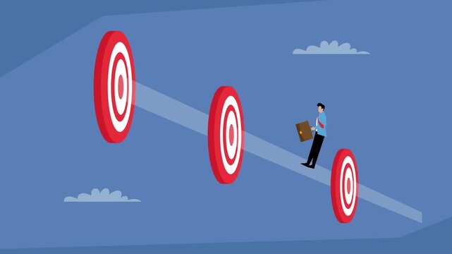 Businessman Stepping Through Target Boards Achieving Goals cartoon animation