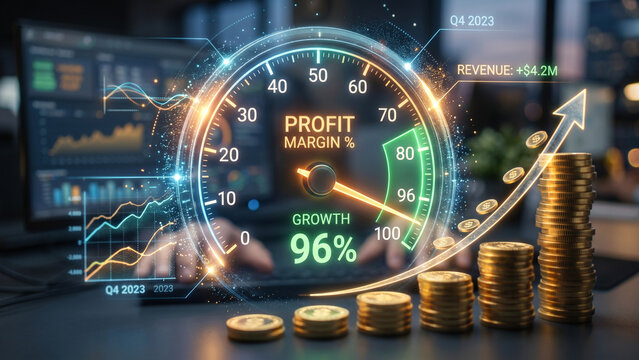 Financial workstation featuring a glowing holographic profit margin gauge showing 96% growth, rising stacks of gold coins, and computer screens with financial data charts