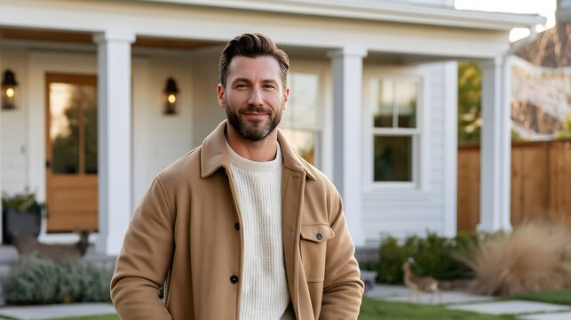 homeowner standing outside dream house, successful property ownership concept, premium commercial photography