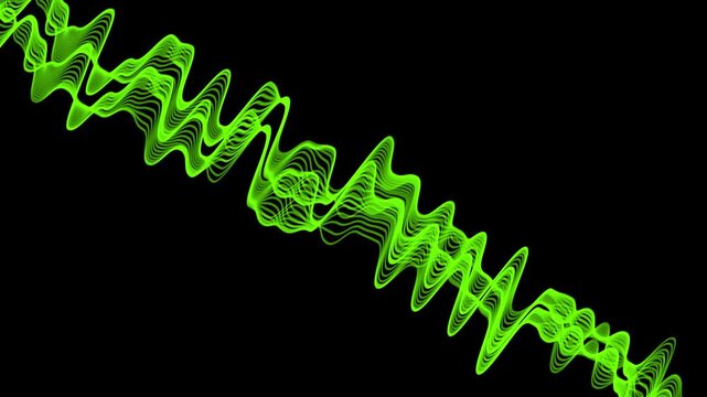 Abstract neon waves cascade green diagonal vector paths down the screen seamlessly. Electronic music broadcast visualization sets gain high aesthetic energy. Wave lines loop.