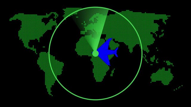 Flight global vectors track international aviation routes over a dotted world map. Intercontinental logistics companies can showcase shipping routes easily. Scopes rotate.