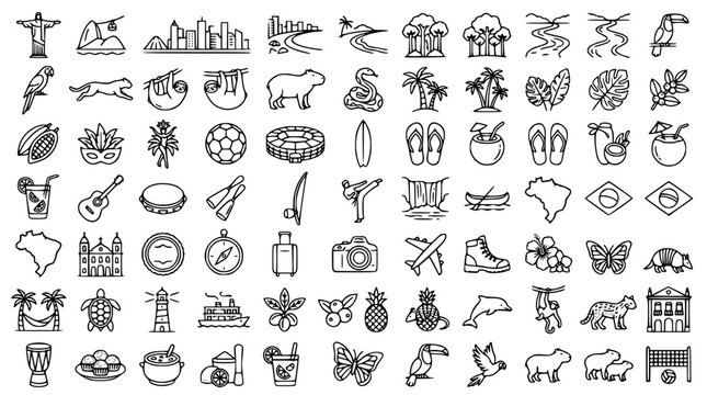 Brazil Travel Landmark Black Outline Vector Icon Set with Country Culture and Tourism Collection