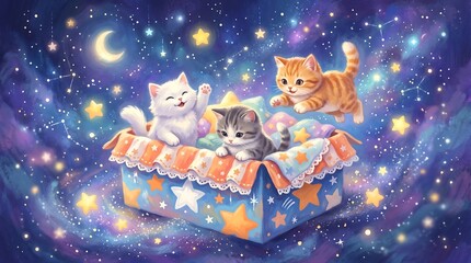 Fototapeta premium Cute kittens playing joyfully in a colorful starry box under a magical night sky