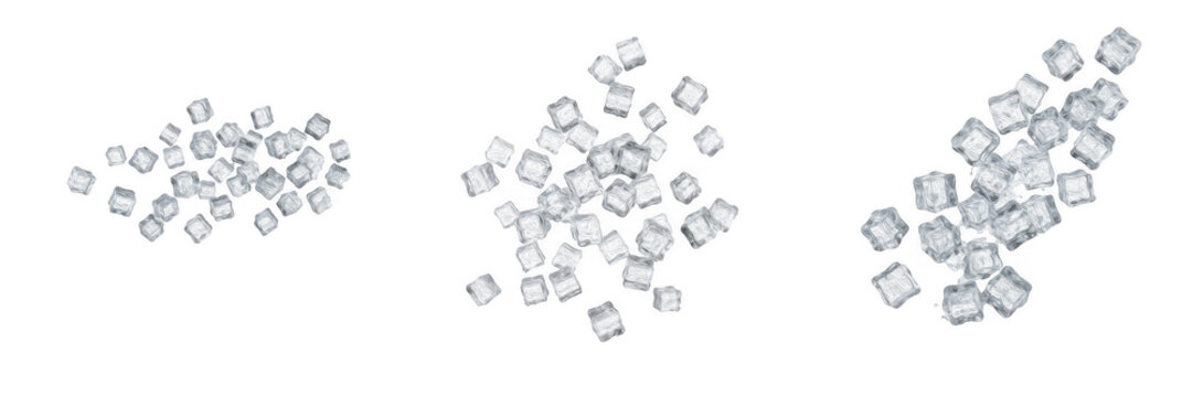 Isolated Small Ice Cubes or Frozen Water Squares, Three Dynamic Floating and Falling Motion Clusters on Transparent Background - High-Resolution Beverage Stock Asset