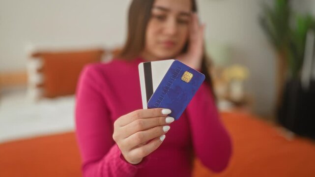 Woman holds blue creditcard with visible hand and white nails while seated on bed in building; financial anxiety.