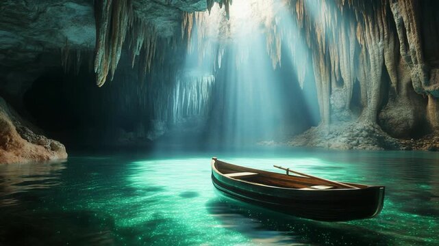 Ancient wooden rowboat floating on clear cave lagoon under dramatic sunbeams with stone arches and calm reflections creating mysterious travel adventure scene for exploration nature and hidden grotto