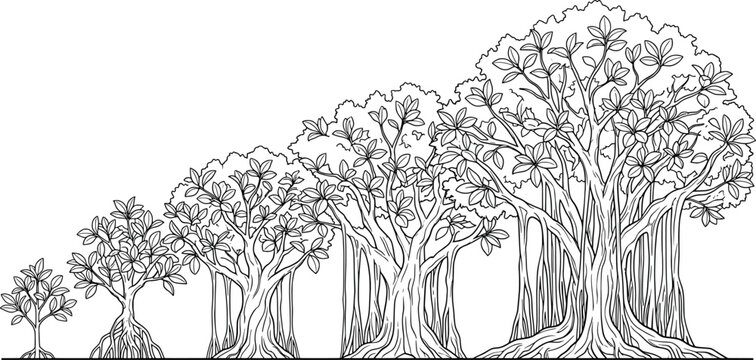 Banyan tree growth stages, from sapling to mature tree, handdrawn black and white illustration