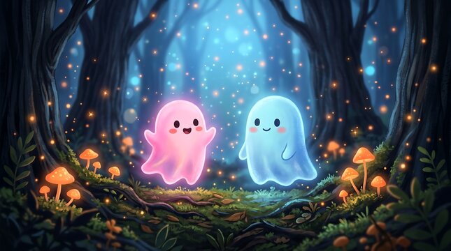 Two colorful friendly ghosts in a magical forest surrounded by glowing mushrooms and vibrant lights