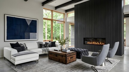 Fototapeta premium Modern Living Room With Fireplace and Large Windows.