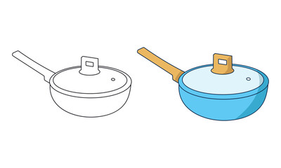 Blue cooking pan with glass lid vector illustration showing colorful and simple outline design for kids educational coloring.