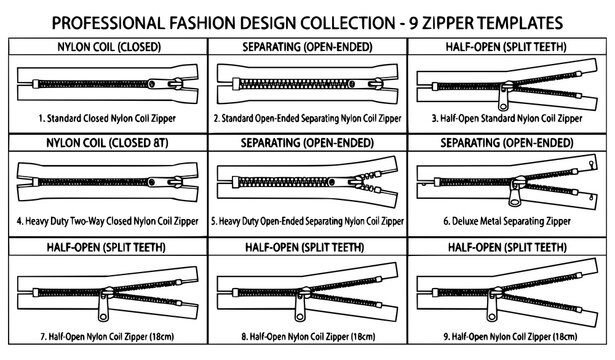 Minimalist zipper silhouette vector icon set with black haberdashery zip fastener shapes for sewing logo design