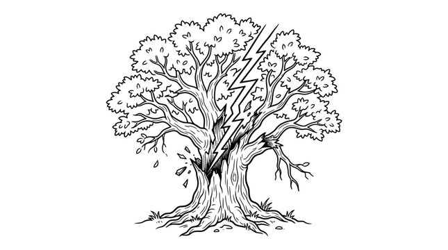 Elegant Black and White of a Majestic Tree Struck by Lightning with Detailed Branches and Roots