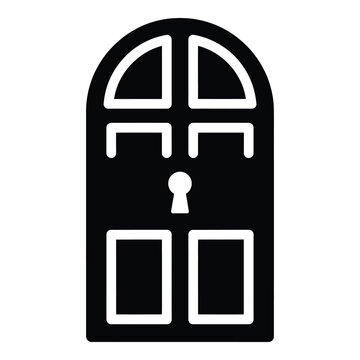 A black silhouette icon representing a classic arched doorway with multiple panes in the upper section and two panels in the lower section featuring a keyhole emblem isolated on a white background
