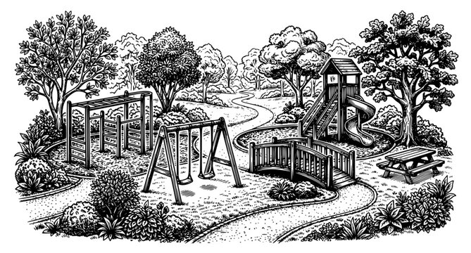Vintage Playground Park Black and White Landscape Engraving Vector Illustration