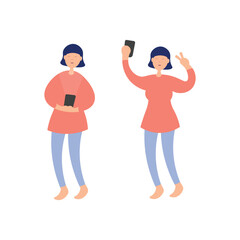 Fototapeta premium Flat vector illustration of two young women taking a selfie and posing for social media communication designs.