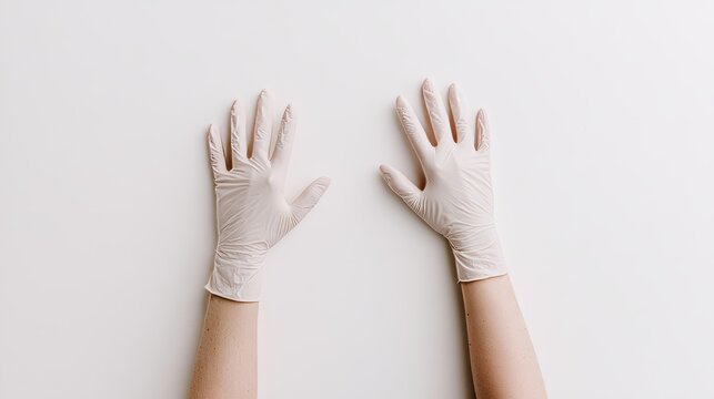 Two hands wearing white disposable gloves on a clean white background, sterile medical concept with minimal healthcare style representing hygiene, protection, safety and professional clinical care