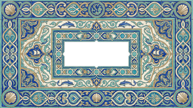 Intricate mediterranean tile border with nautical motifs dolphins and shells in blue and gold colors.