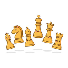 Set of cute cartoon chess pieces with happy smiling faces on white background.